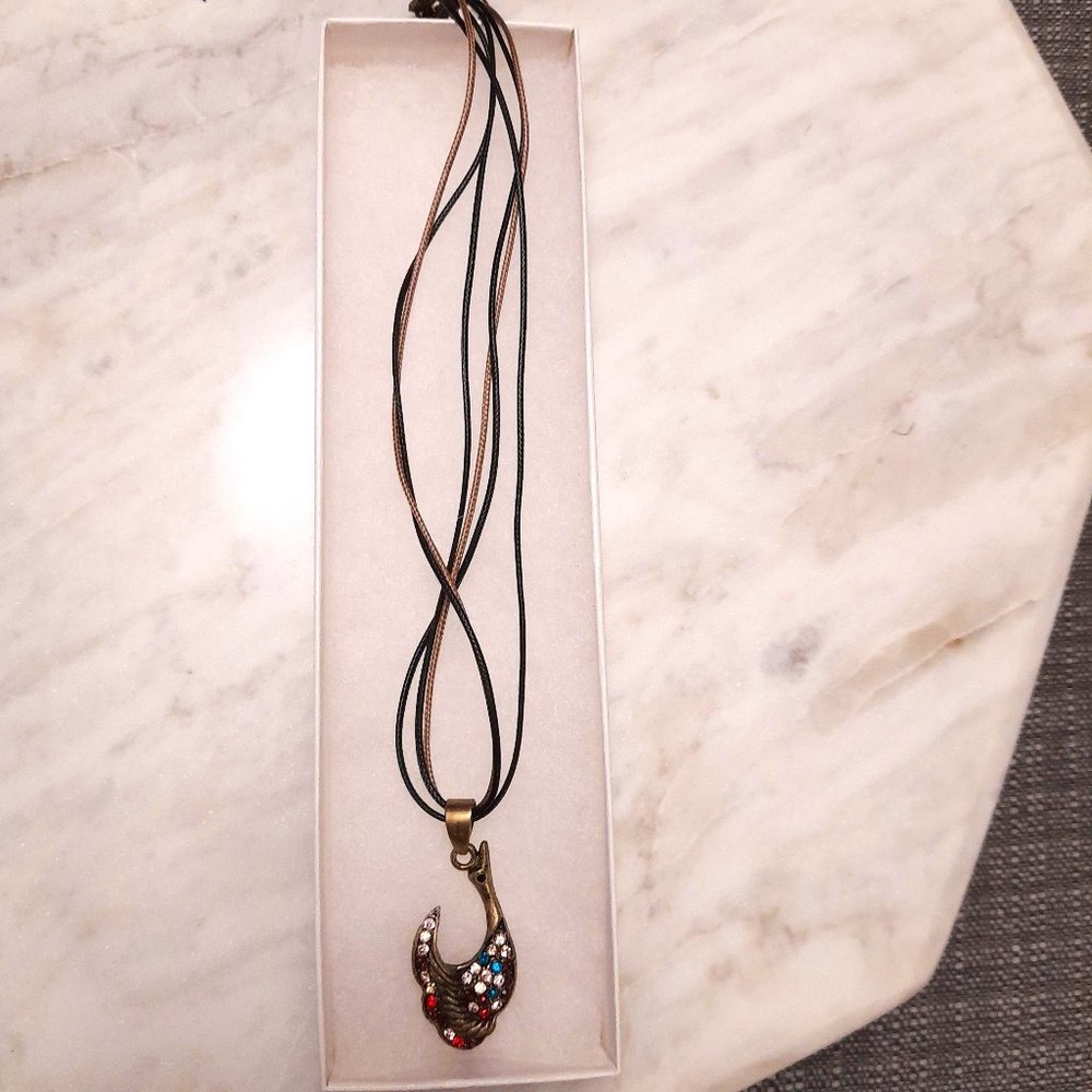Multi Crystal and Brass Goose Pendant with Triple Silk Strand Necklace